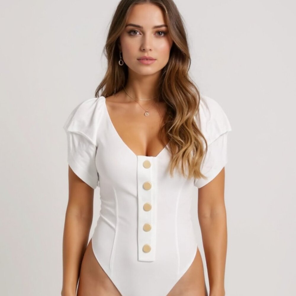 Free People Not Basic Bodysuit White Puff Sleeve Top Gold Buttons Size Medium